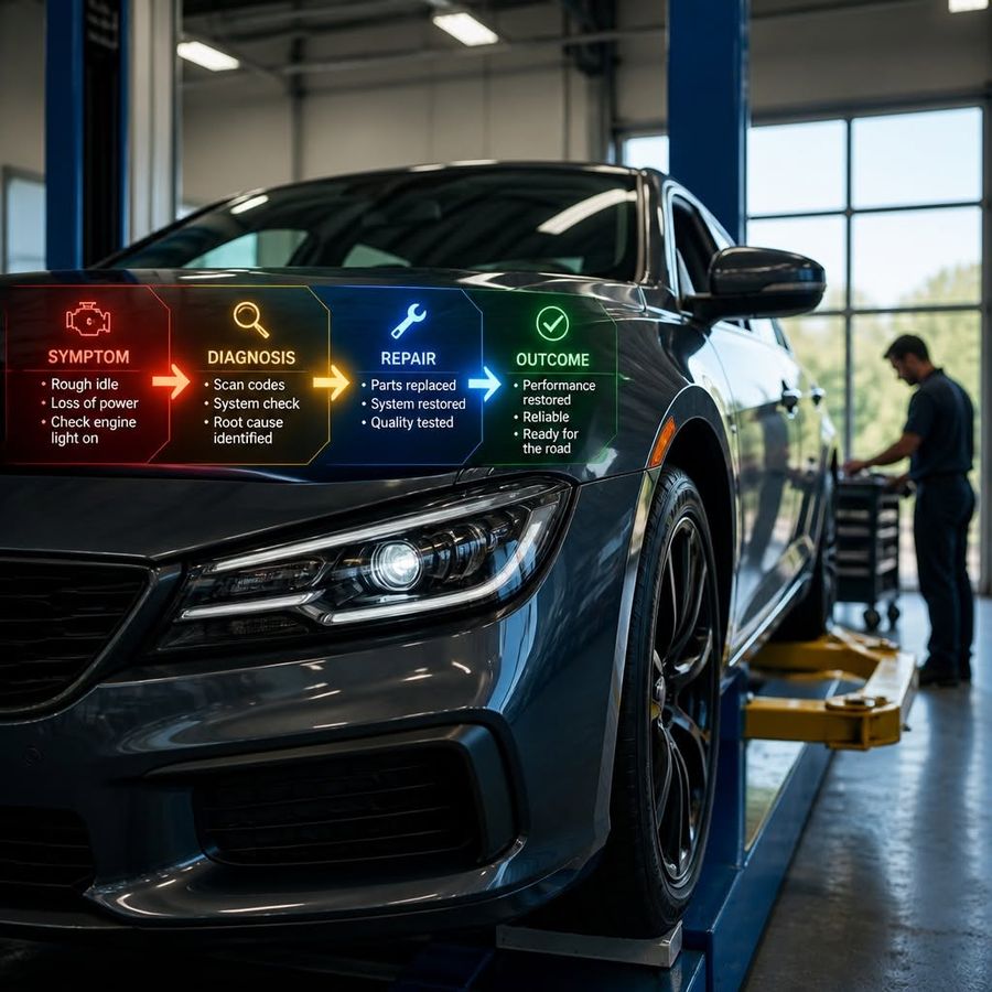 Vehicle on the lift: symptom, diagnosis, repair and outcome documented